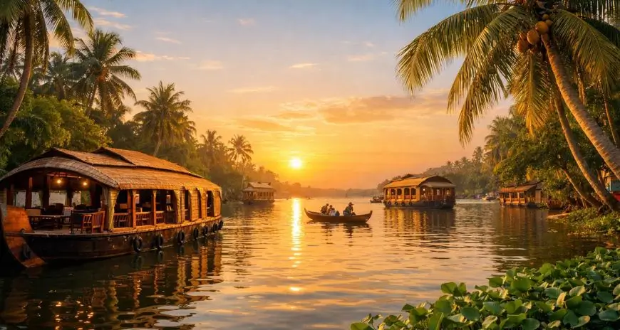 Kerala backwaters with houseboats at sunset