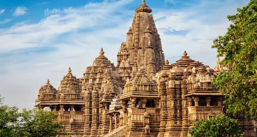 Khajuraho Temples in Madhya Pradesh, India with stone carvings