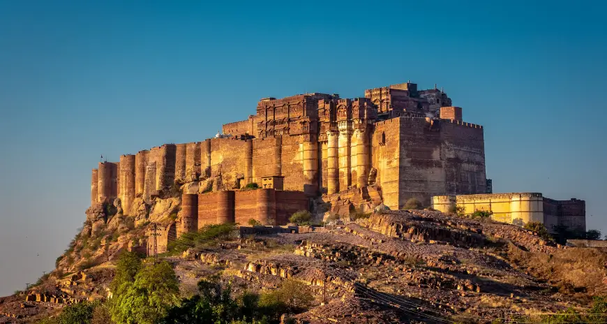 Mehrangarh Fort in Jodhpur overlooking the rocky landscape